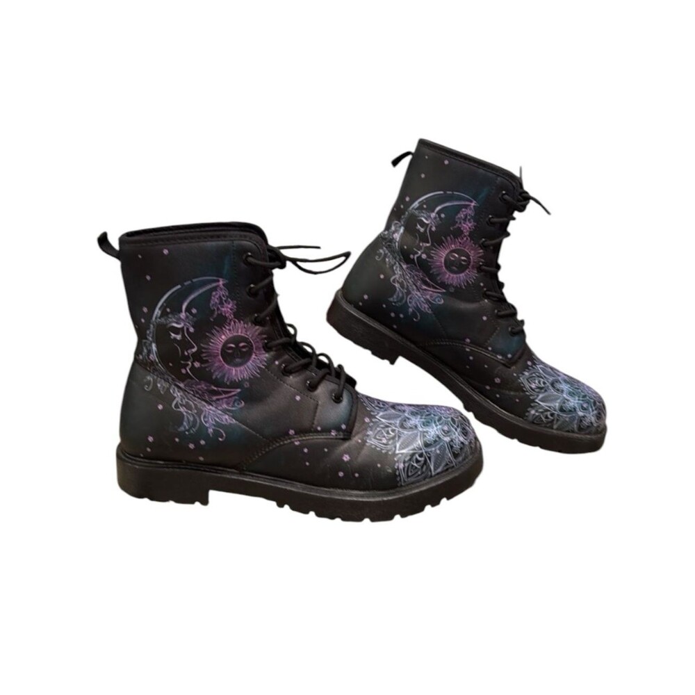 Yes We Vibe Sun & Moon Power Combat Boots Faux Leather Black Sole EU 42